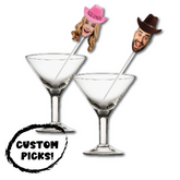funny face photo cocktail picks with a cowgirl and cowboy in clear glass with white background